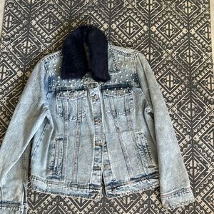 Studded Denim Jacket with Faux Fur Collar